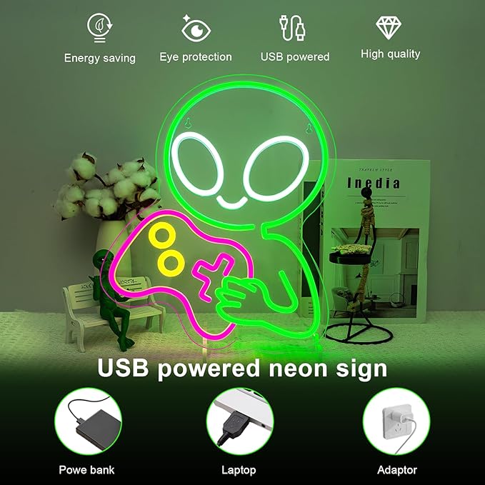 LUCUNSTAR Game Alien Neon Sign Gaming Dimmable Led Neon Lights for Wall Decor Game Room USB Powered For Man Caves Club Gamer Lover Teens Bedroom Home Decor Boys Gift
