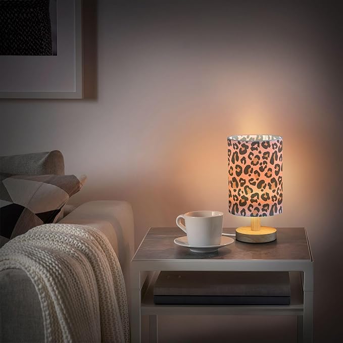 Bedside Table Lamp Pink Leopard Nightstand Lamp with Wood Animal Cheetah Print Desk Lamps for Bedroom Living Room Nursery Office Home Decor