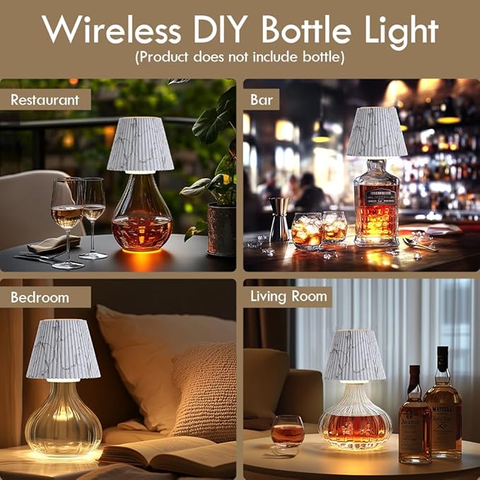 WILIT Wireless Bottle Lamp Shades for Table Lamps, 3 Level Brightness Touch Night Light, Rechargeable Cordless Lamp for Bedroom Bar&Restaurant, Table Top Decor, House Warming Gifts, Mothers Day Gifts