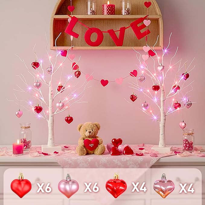 Valentines Day Decorations Birch Tree with Heart-Shaped Ornaments, Lighted Artificial Tree with 24 LED Pink&Red Lights, Light Up Tabletop Trees USB&Battery Operated for Home Indoor Table (2Pack 2Ft)