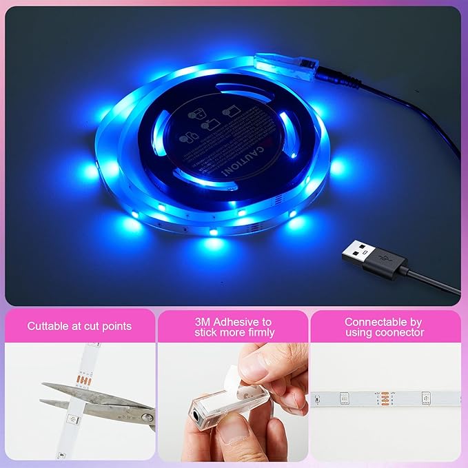 USB 32.8ft LED Strip Lights Color Changing LED Tape Lights with IR Remote Controller and Dimmable LED Strip for Bedroom Cabinet Bar