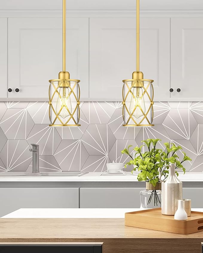 Brushed Gold Pendant Lights Kitchen Island, 2 Pack Brass Glass Pendant Light Fixture Farmhouse Cage Hanging Lighting with Rod for Kitchen Island Sink Bathroom, CH9176BG-2PKG