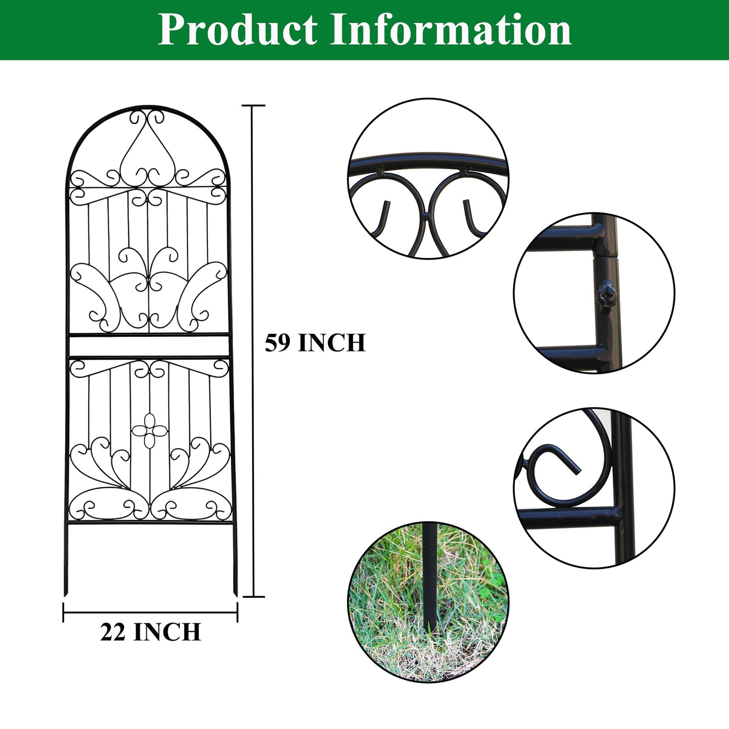 SCENDOR Trellis for Climbing Plants 59" H x 22" W Metal Unique Design Decorative Garden Structure Weather-Resistant Lattice Outdoor Decor Flowers Roses Vine Ivy Clematis Black Coating 1 Pack