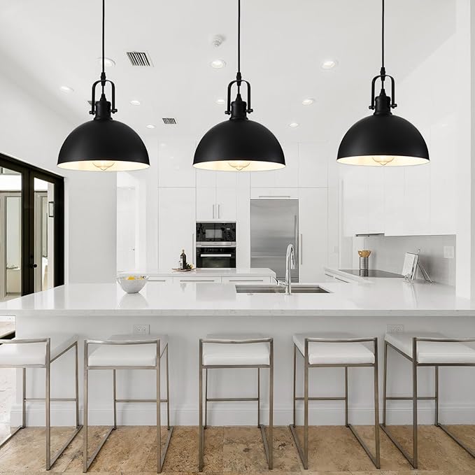 Plug in Pendant Light, Matte Black Haning Light with 19.68 ft Cord, Dimming Switch, Metal Farmhouse Hanging Lamps for Living Room, Kitchen, Dining Room, Bedroom 9.84"