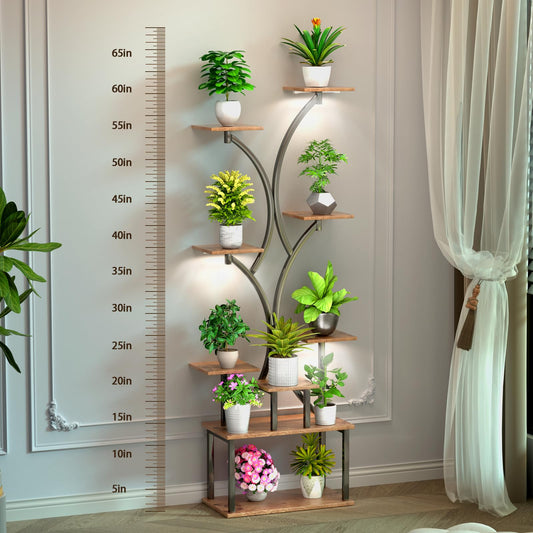 REFGY 65 inch Plant Stand Indoor with Grow Lights, 9 Tiered Metal Plant Stands Indoor, Tall Plant Shelf for Multiple Plants, for Living Room, Patio Balcony or Office (Rustic Brown)