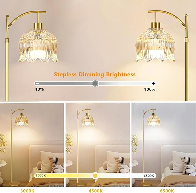 Flower Floor Lamp for Living Room,Bedroom,Gold Dimmable Standing Lamp with Remote,Glass Mid Century Modern Brass Tall Lamp Boho Floor Lamps Arc Stained Floor Light Lamp Bohemian
