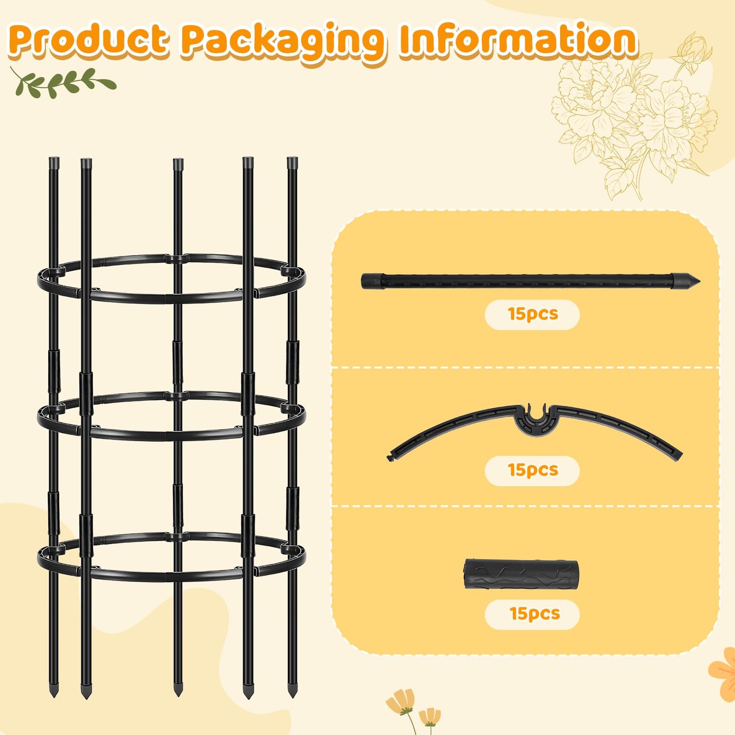 ComfyKit 19.5" D x 39" H Peony Plant Support Cage, 3 Tier Stackable Plant Support Ring, Metal Core with PVC Coated Stakes, Garden Plant Support for Peonies Tomatoes and Climbing Plants