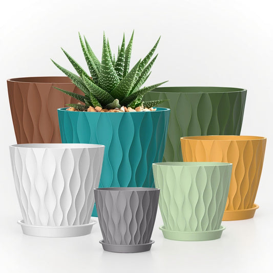 SQKH 4/4.5/5/5.5/6/6.5/7 Inch Plant Pots,7 Pack Flower Pots with Drainage Holes and Trays,Plastic Planters for Indoor Outdoor Plants Growth,Multicolor
