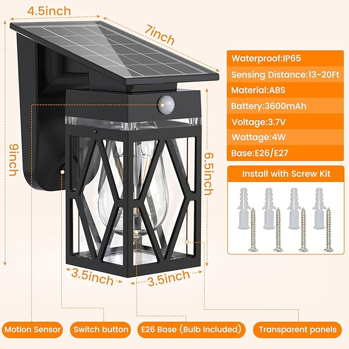 4 Pack Solar Porch Lights Outdoor, Dusk to Dawn & Motion Sensor Solar Wall Light with Lantern Shape, 3 Modes IP65 Waterproof, E26 Bulb Exterior Sconce for Front Porch, Garage, Patio Security