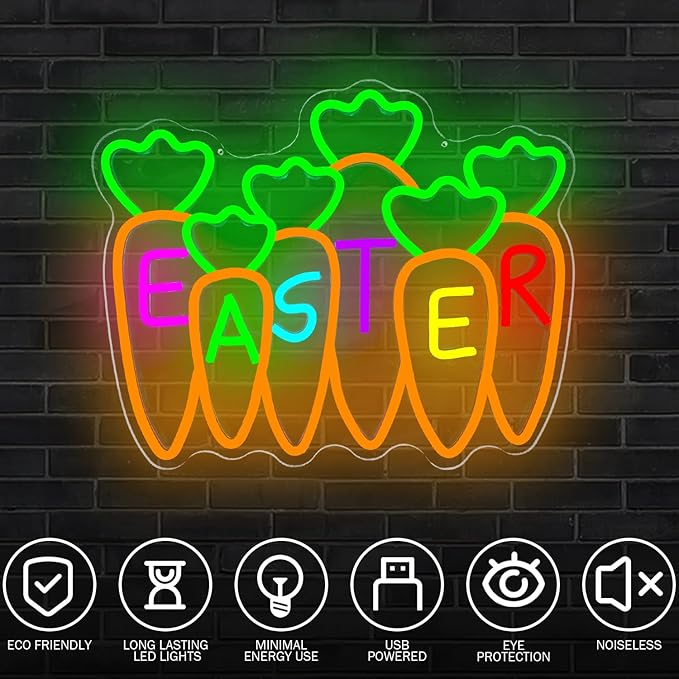 Carrots Neon Sign Easter Neon Light for Bedroom Office Dimmable Happy Easter LED Sign Festive Neon Wall Decor for Garden Kidsroom Carrot Window Lights