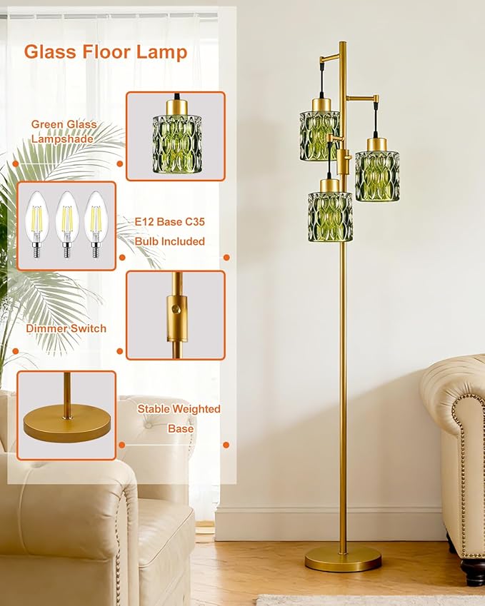 Lightdot 67" 3-Light Glass Floor Lamps for Living Room, Dimmable Floor Lamp with Green Glass Shade& E12 Bulbs Included, Mid Century Standing Tall Lamp for Bedroom/Sofa Beside/Corner Decor-Gold