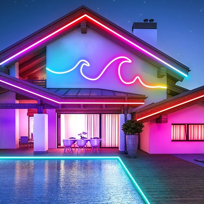32.8ft LED Neon Strip Light with Remote APP Control IP65 Waterproof Flexible neon LED Rope Lights 24V RGB neon LED Lights for Bedroom Room Outdoors Décor