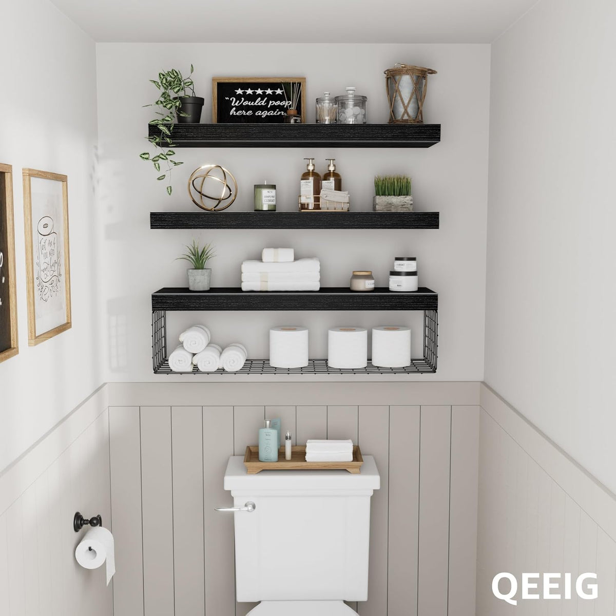 QEEIG Floating Bathroom Shelves - 24-Inch Wall Storage Solution for Toilet Paper | Set of 3, Black