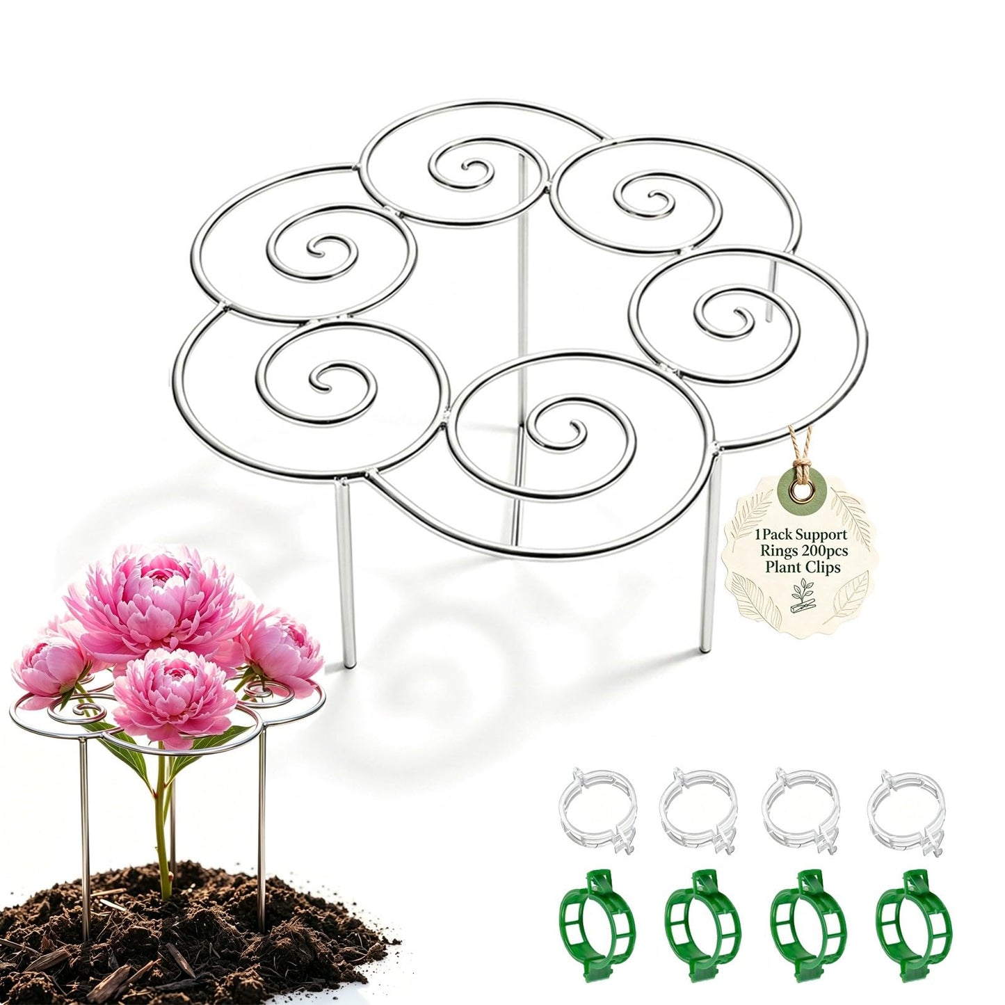 Metal Plant Support Ring, Plant Support for Garden, Peony Cage Stand, Rustproof Silver Metal Grow Through, 200PCS Plant Support Clips, Outdoor Indoor Pots Peony Dahlia Cage Tomato 1pcs,Medium