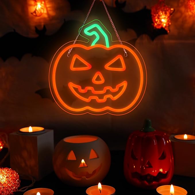 MissAudrey Halloween Light Up Pumpkin Neon Sign, Neon Sign Halloween Window Hanging Lights, Green Orange Acrylic Thanksgiving Art Wall Fall Decor for Home Bedroom Bar Pub Club Party，5V USB Powered