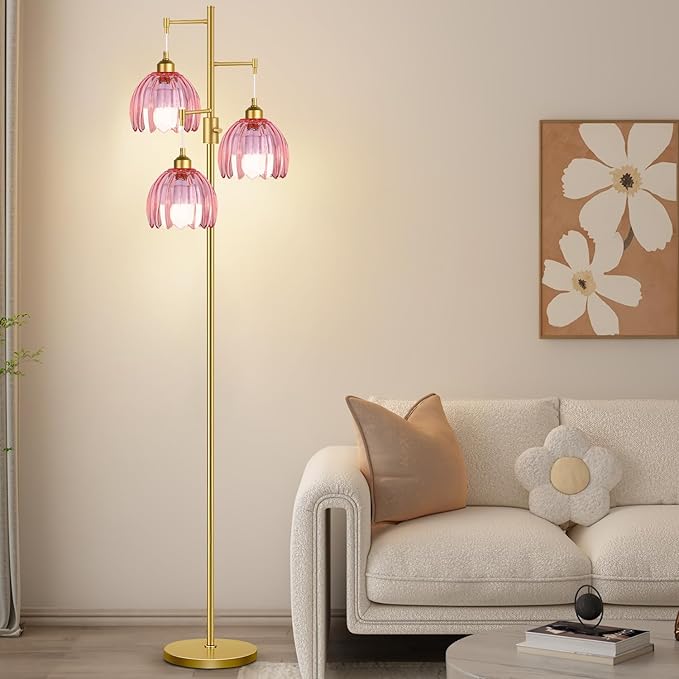 Gold Floor Lamps for Living Room Vintage Pink Floor Lamp with Glass Lmapshape & Three Led Bulb,Dimmable Mid Century Modern Standing Lamp Tall Tree Flower Floor Lamps for Bedroom,Office,Corner