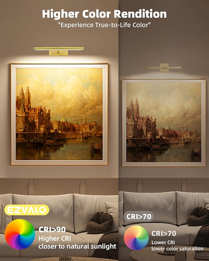 EZVALO Picture Light for Wall, 4800mAh Rechargeable Wireless Remote, 13in Dimmable Magnetic LED Art Display Light with 3 Color Temperatures, for Gallery, Living Room, Bedroom, Hallway (Gold)