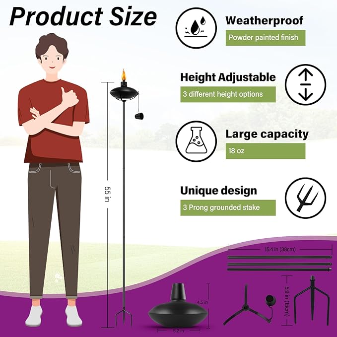 1 Pack Home Garden Torch , Outdoor Metal Torch Garden Décor ,55-Inch Upgraded Citronella Torches with 3-Prong Grounded Stake , Metal Light Torches for Party Patio Pathway (More Stable)