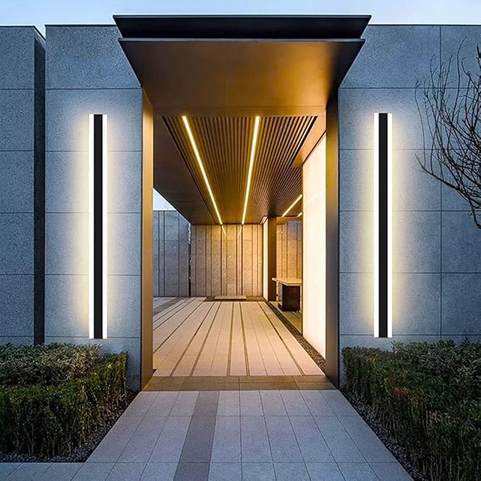Outdoor Long Strip Modern LED Wall Lighting Fixture Lamps, Elegant Frosted White Acrylic, Black Aluminum Body IP65 Waterproof Anti Rust (Warm, 67inch)