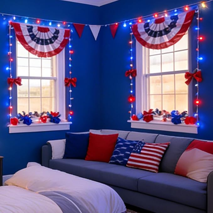 LAMPHOME 99ft 300LED Red White and Blue Patriotic String Lights, 16 Modes Red White Blue LED Lights Plug in, 4th of July Lights Outdoor for Independence Day Memorial Day Patriotic Window Decor