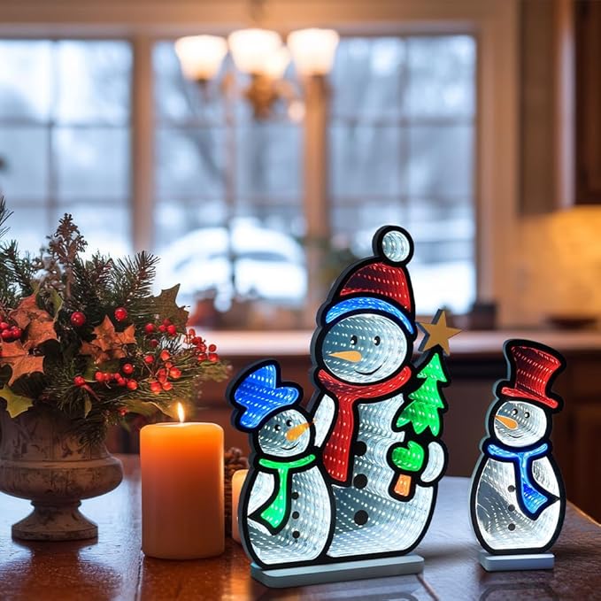MEETYAMOR Christmas Decorations Indoor, Set of 3 Snowman Infinity Mirror Tunnel Light for Christmas Decor, Night Lights with Endless Extension for Home Mantel Table Centerpiece Lamp Xmas Decorations