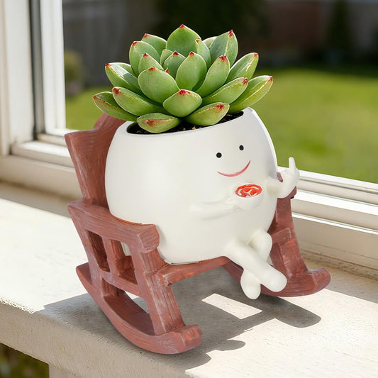 Heakrit Smiley Face Plant Pots, Cute Resin planters for Indoor Outdoor, Unique Rocking Chair Succulent Pots with Drainage Hole, Gift IdeaI for Family and Friends, Brown