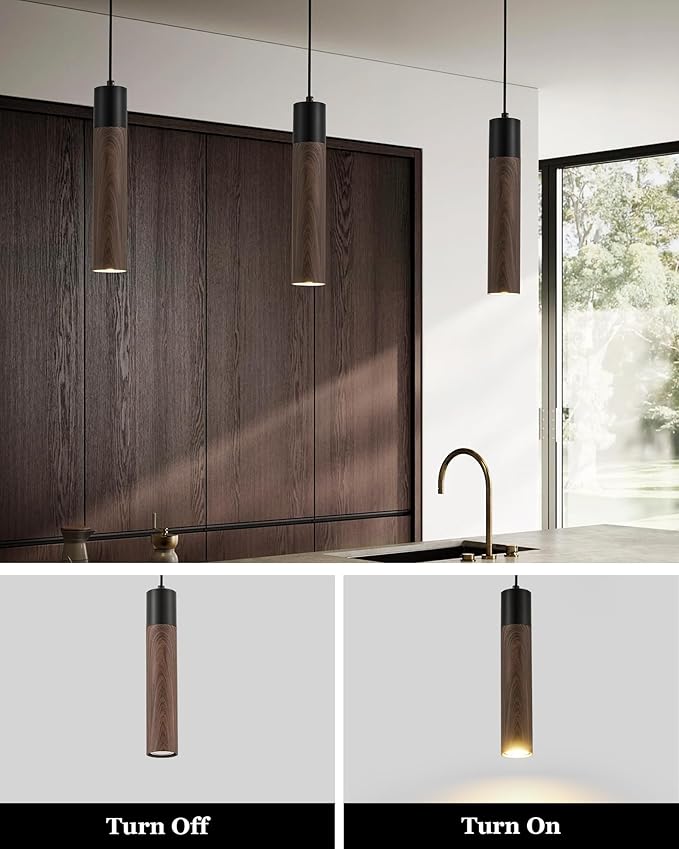 ELYONA Modern Pendant Light Fixtures, Walnut Wood Grain & Matte Black Metal, Industrial Cylinder Hanging Pendant Light for Kitchen Island Dining Room Bedroom Living Room, GU10 LED Bulb Included