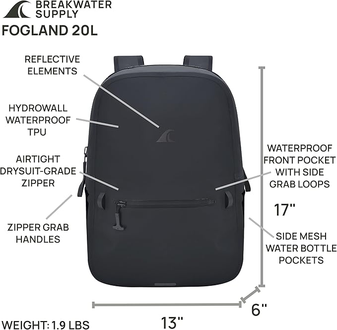 Breakwater Supply™ Waterproof IP68 Submersible Backpack with Airtight Zippers | Laptop Travel Outdoors | Fogland 25L 20L 15L | 100% Waterproof, Submersible, Airtight Zippers, Travel Outdoors