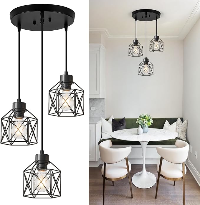 3-Light Pendant Light Fixtures, Farmhouse Hanging Pendant Lighting, Dining Room Chandelier, Industrial Kitchen Island Hanging Light Fixture, Black Metal Cage Pendant Ceiling Lamp for Kitchen
