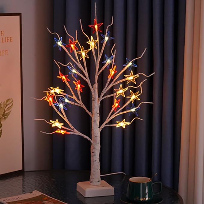 24 LED Tabletop Tree Light Artificial Tree Lamp for 4th of July Independence Day Room Bedroom Office Decor,Mini White Birch Tree Fake Twinkle Trees Lamp with a Timer 3 AA Battery or USB Powered
