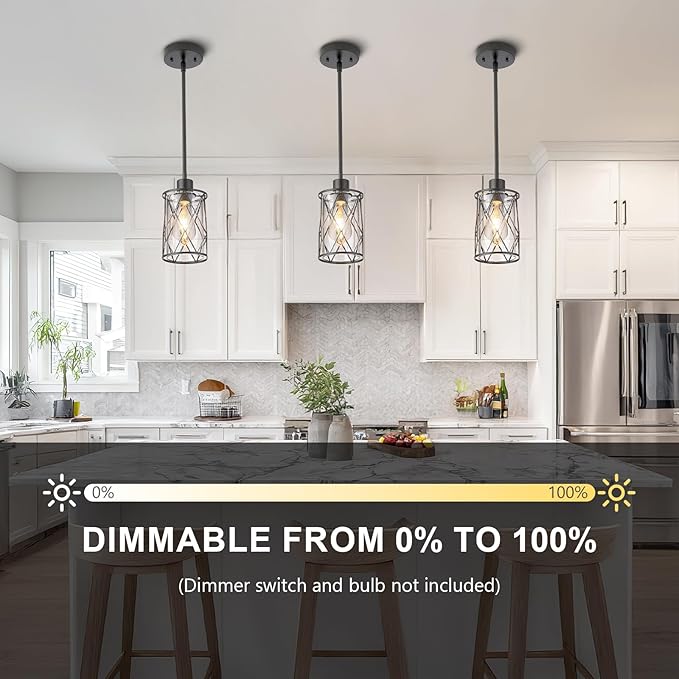 Refice Glass Pendant Lights Kitchen Island, Black Kitchen Hanging Light with Clear Glass, Farmhouse Cage Mini Pendant Lighting for Sink Dining Room Bedroom Bar, 3 Pack