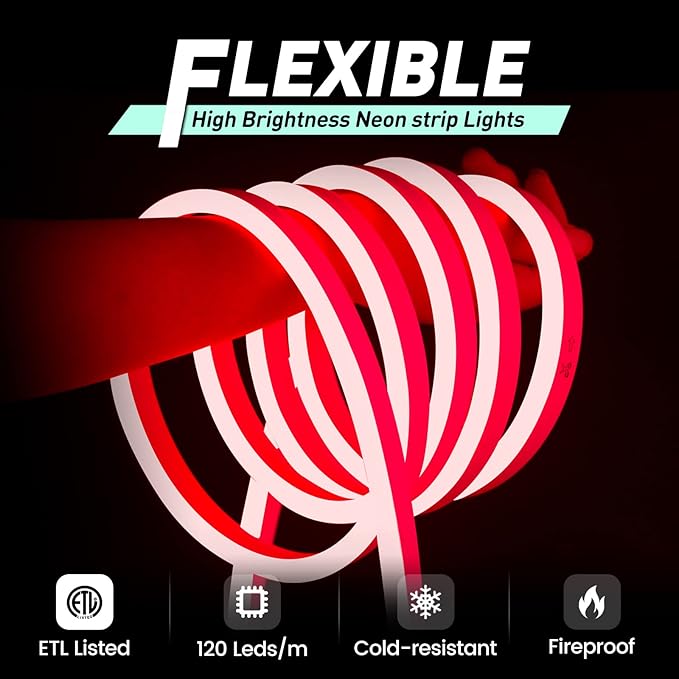 GZBtech Flexible LED Neon Rope Lights 50FT,AC 110-120V Waterproof Strip Light, 120 LEDs/M Cuttable Connectable Neon Lighting for Indoor Outdoor Home Decor/Commercial Building Use-Red 15M, ETL Listed