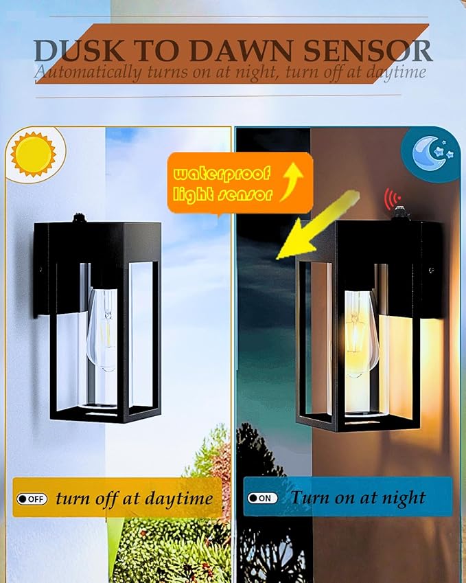 Dusk to Dawn Outdoor Lights, Waterproof Porch Lights 2 Pack, Exterior Lighting Fixtures with Cylinder Lampshade, LED Wall Sconce Light for House Porch Patio Front Door Garage.