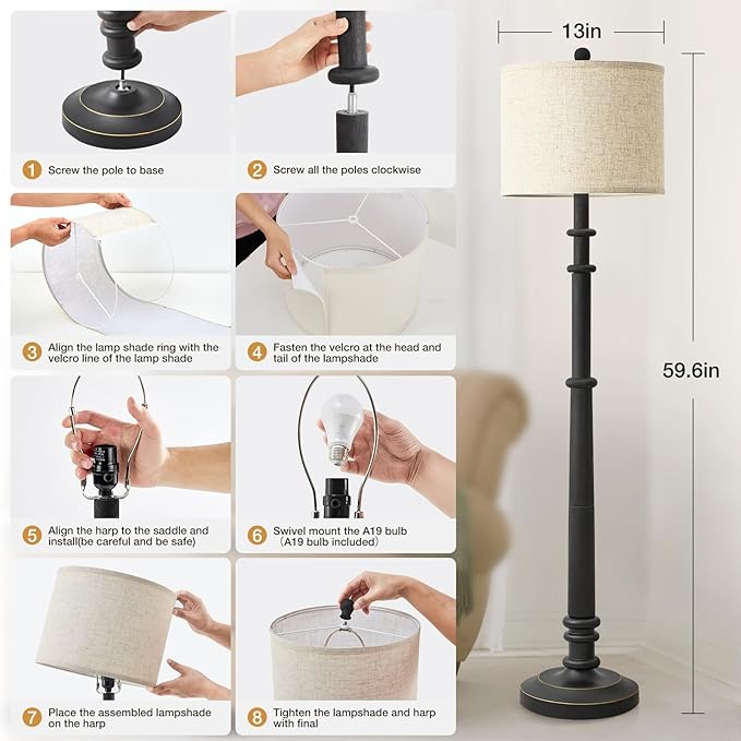 Floor Lamps for Living Room - 60" Resin Farmhouse Floor Lamp with Adjustable Color Temperatures - Vintage Standing Lamp Reading Light with Linen Shade Retro Tall Lamp for Bedroom Office, Black
