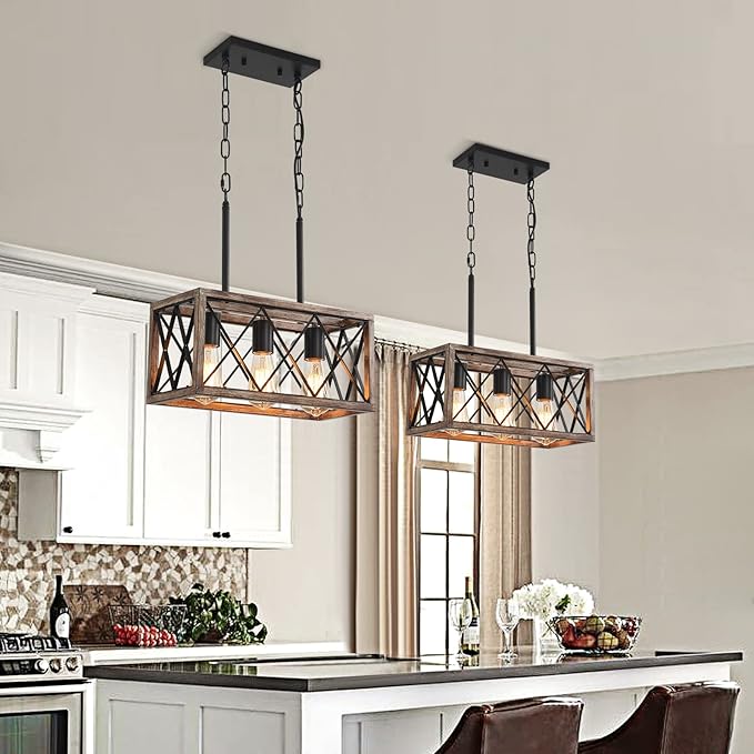 KEESFU Farmhouse Kitchen Island Lighting, 3 Lights Pendant Lighting Fixtures, Adjustable Height, Industrial Dining Room Light for Living Room Foyer Dining Table Over Sink. (Wood Grain Color)