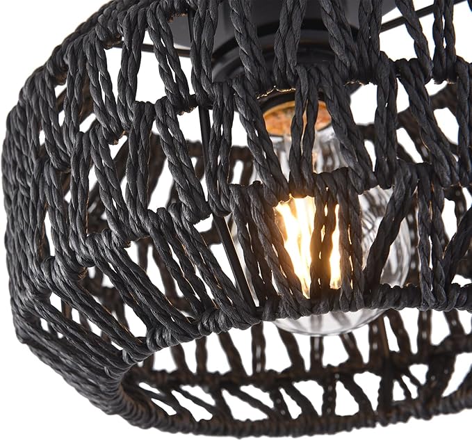 1 Pack Farmhouse Light Fixtures Ceiling Mount,Black Mini Rattan Boho Semi Flush Mount Ceiling Light,Hand Woven Hallway Light Fixtures for Bedroom Entryway
