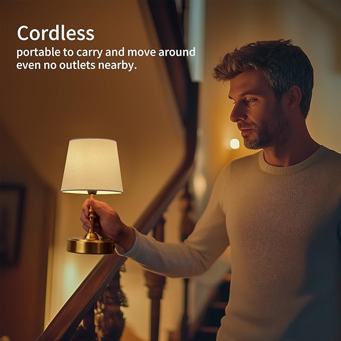 ONEWISH Small Cordless Lamp Dimmable-Battery Operated Table lamp, 4000mAh Rechargeable, Touch Bedside Lamp with White Fabric Shade, 2700K Bulb Included, for Dining, Patio, Bathroom(Gold)