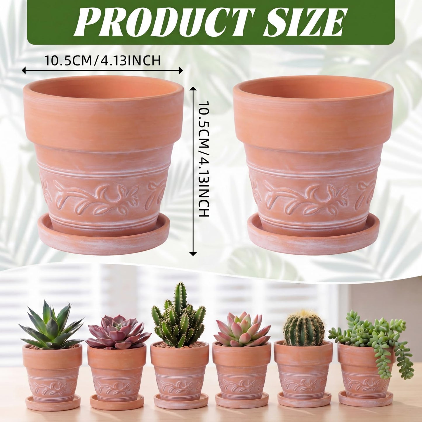 Maxdot Set of 6 Embossed Succulent Pots 4" Small Terracotta Pots with Drainage Hole and Saucer Rustic Clay Succulent Planter Pot Decorative Ceramic Cactu Flower Pot for Indoor Outdoor(Leaf Style)