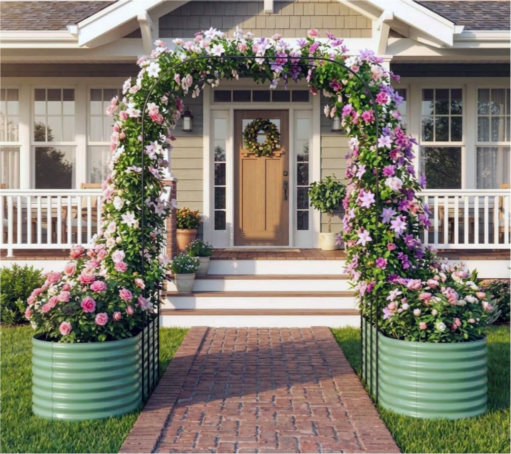 Takywep Galvanized Raised Garden Bed with 96" Vertical Arch Trellis, Expandable Outdoor Planter Box with Dual Sections, Rust-Resistant Garden Bed for Flowers, Herbs, Vegetables, Vines, Green