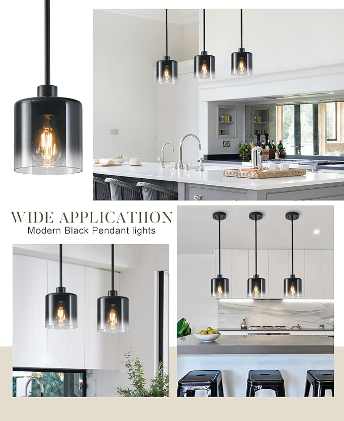 3-Pack Black Pendant Light Fixtures, Modern Pendant Lights for Kitchen Island with Adjustable Rods, Industrial Glass Pendant Lights for Dining Table Hallway Bedroom Living Room