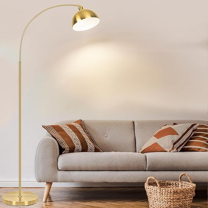 【Upgraded】 Arc Floor Lamps for Living Room - Stepless Dimmable Gold Tall Lamp with Remote Control & Color Temperature 9W LED Bulb, Over Couch Arched Reading Standing Lamp for Bedroom Brass