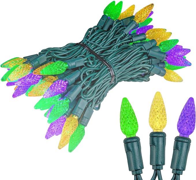 Novelty Lights 24FT 70 Light Purple Green and Yellow LED Mardi Gras Lights, C6 Bulbs, Connect up to 43 Sets, Indoor/Outdoor Use