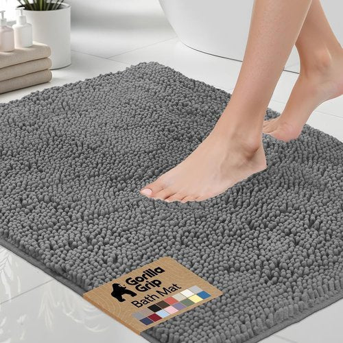 GORILLA GRIP Bath Rug Mat - Thick, Soft Absorbent Chenille | Quick-Dry Microfiber, 44x26, Grey