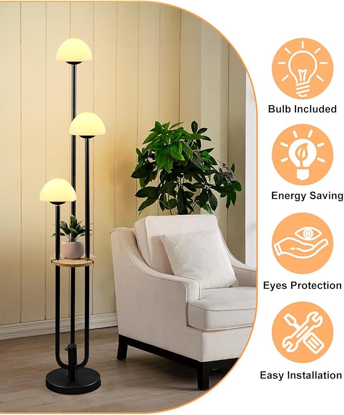 Black Dimmable Floor Lamp with Table, Modern Floor Lamps for Living Room, 3000K Warm Lights Tall Standing Lamp with Mushroom Shades & Bulbs for Bedroom/Office
