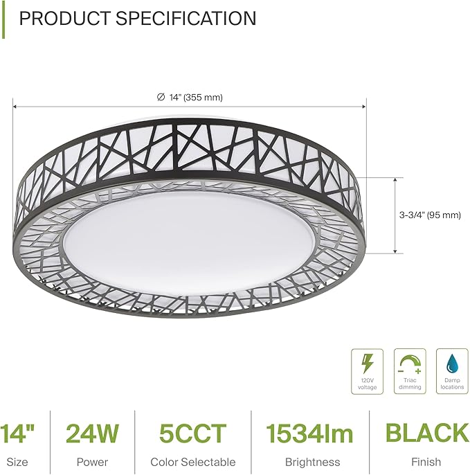 ASD 14 Inch LED Flush Mount Ceiling Light Fixture for Bedroom, 24W 1534LM 5CCT 2700K-5000K, Triac Dimmable Lights, Dining, Living Room, Kitchen Lamps, Modern Home Lighting Fixtures, Black, ETL, 4 Pack