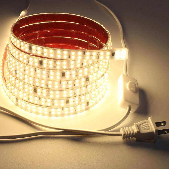 Outdoor Rope Light Waterproof IP65 3.28ft 110V LED Lights Bedroom 240LEDs/m 3000K Cuttable LED Strip Lights with Adhesive Lights for Indoor Under Cabinet Lighting