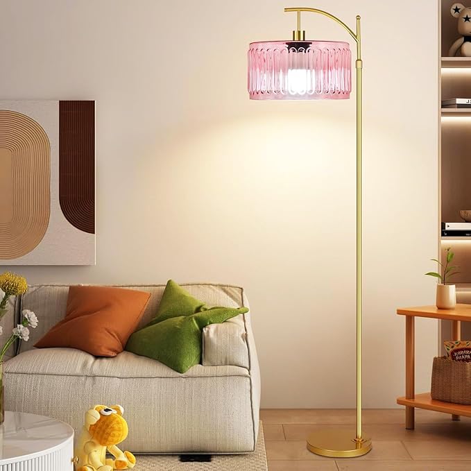 Pink Floor Lamp for Living Room,Bedroom,Gold Dimmable Standing Lamp with Remote,Mid Century Modern Brass Tall Lamp Boho Floor Lamps Arc Stained Glass Flower Floor Light Lamp Girls kids Bohemian