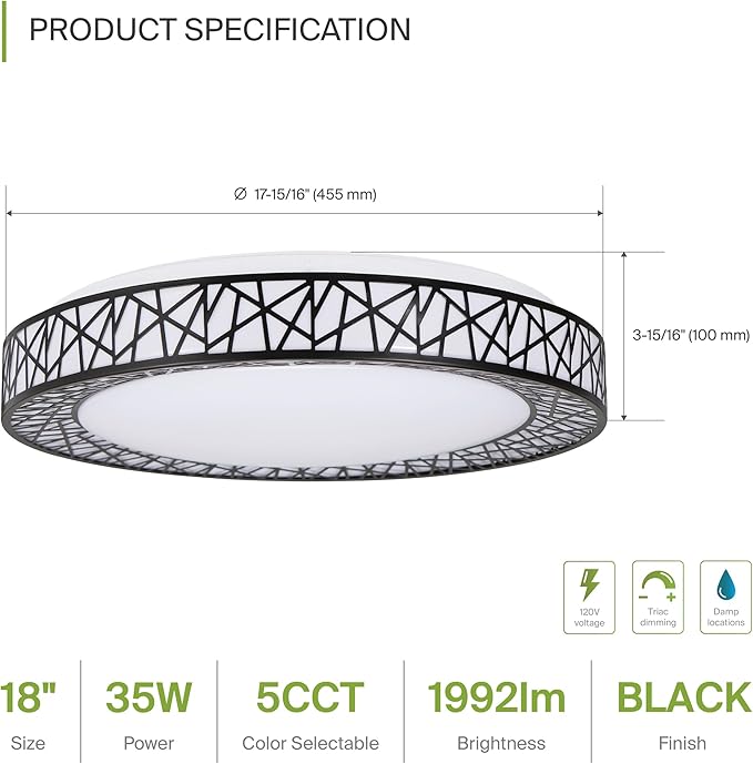 ASD 18 Inch LED Flush Mount Ceiling Light Fixture for Bedroom, 35W 1992LM 5CCT 2700K-5000K, Triac Dimmable Lights, Dining, Living Room, Kitchen Lamps, Modern Home Lighting Fixtures, Black, ETL