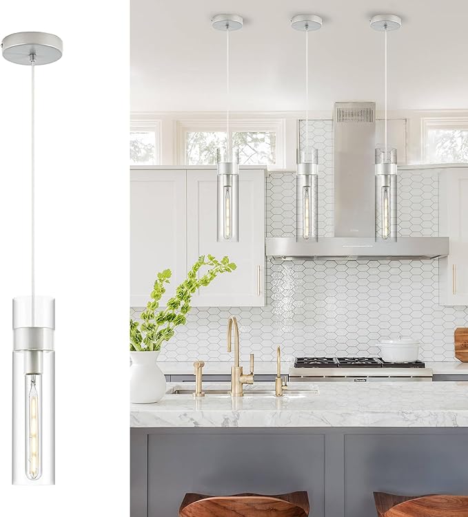 Pendant Lights Kitchen Island (Bulb Included), Brushed Nickel Adjustable Modern Glass Pendant Light Over Island, Industrial Pendant Light Fixtures for Dining Room Hallway Bedroom Living Room