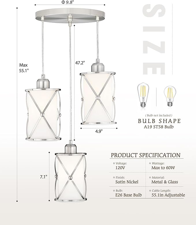 Brushed Nickel Dining Room Chandelier Light Fixture, 3-Light Pendant Lighting with Frosted Glass, Modern Kitchen Island Cluster Hanging Pendant Lights for Sink, CH9176BNW3